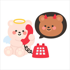 Angel Bear Talking on a Red Telephone with a Devil Bear in Speech Bubble