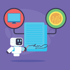 Robotic figure holding pen, preparing to sign digital document representing cryptocurrency, computer and circuit board above. Technologys role in finance concept