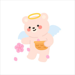 Sweet Angel Bear Scattering Soft Pink Flower Petals from a Small Basket