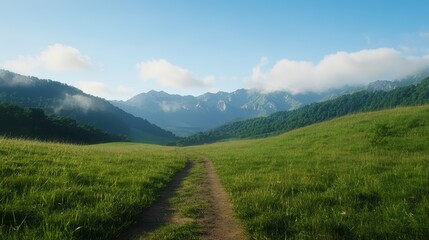 Serene Landscape Featuring Lush Green Field with Mountains and Blue Sky in Daylight