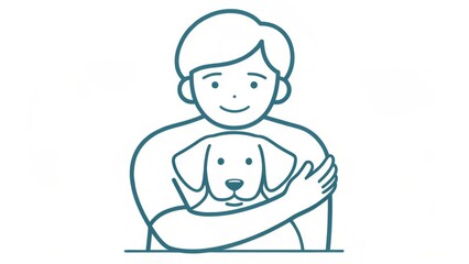 A single-line drawing of a person embracing their pet, capturing warmth and companionship