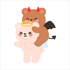 Cheeky Devil Bear Jumping on Angel Bear’s Back with a Playful Expression