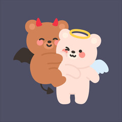 Cute Devil Bear Hugging an Angel Bear with a Dark Background