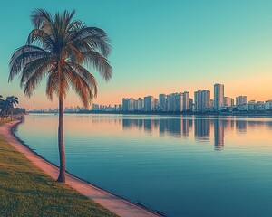 Calm lake sunrise cityscape palm