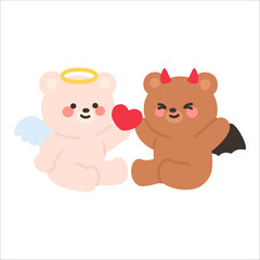 Angel Bear Offering a Heart While Devil Bear Looks Away Shyly