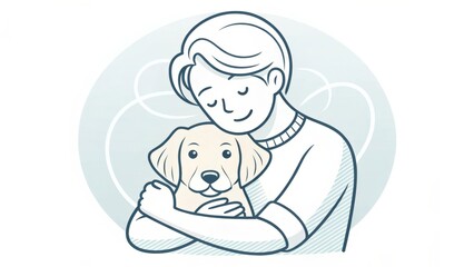 A single-line drawing of a person embracing their pet, capturing warmth and companionship