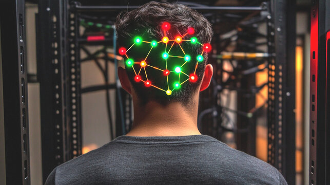 Man with Colorful Lights on Head in Dark Server Room