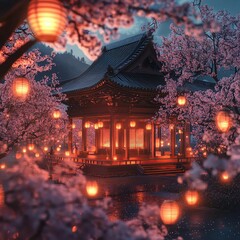 Fototapeta premium Cherry Blossom Festivals Serene lantern-lit temple surrounded by blossoms.