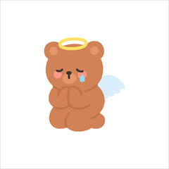 Sad Angel Bear Sitting in Prayer with Tearful Expression