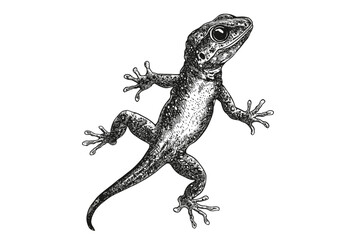 Wildlife print of hand-drawn gecko with black sketch effect, old engraving style, trendy vintage design, reptile art on white background, detailed lizard illustration