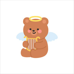 Adorable Angel Bear Sitting and Playing a Golden Harp