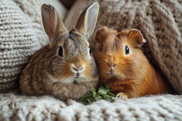 Naklejka premium Rabbit and Guinea Pig Sharing a Cozy Home in a Living Room Create an image of a rabbit and guinea pig happily sharing a cozy space in a living room, perhaps in a shared pet pen or a cage near a window