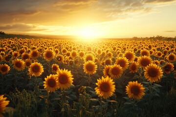 Fototapeta premium Sunflower field at golden hour with warm sunlight casting long shadows across the flowers A vibrant and expansive field of sunflowers at the golden hour, where the warm, golden sunlight casts long sha
