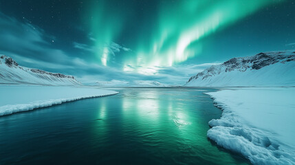 Mesmerizing northern lights illuminate snowy landscape above tranquil water surface in remote Arctic region. Generative AI
