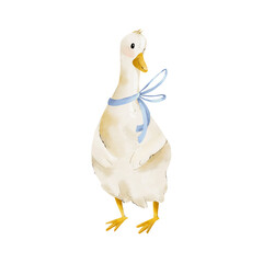 Watercolor Cute Goose Illustration, Funny Farm Animal Clipart, Rustic Country Animal, Soft Pastel  Painting, Cottagecore Aesthetic, Farmhouse, Blue Ribbon, png