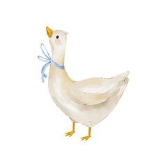 Watercolor Cute Goose Illustration, Funny Farm Animal Clipart, Rustic Country Animal, Soft Pastel  Painting, Cottagecore Aesthetic, Farmhouse, Blue Ribbon, png