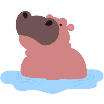 happy hippo wading in a pond, adorable safari animal flat vector illustration