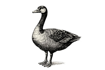 Hand-drawn goose artwork, black sketch effect, wildlife print, vintage illustration, old engraving style, trendy design, white background.