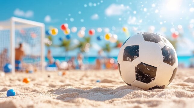 Jugador marca un gol en un emocionante partido de f&uacute;tbol en la playa bajo un cielo brillante
