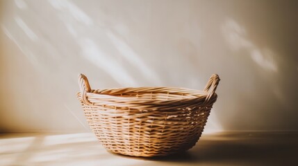 Fototapeta premium A handcrafted wicker basket placed in warm natural light, casting soft shadows, creating a cozy and rustic atmosphere. 