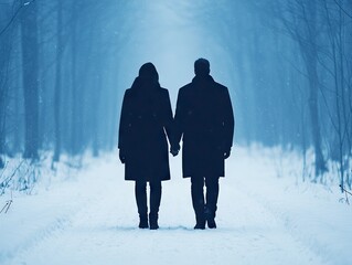 Couple holding hands snowy forest romantic scene winter wonderland back view love and togetherness