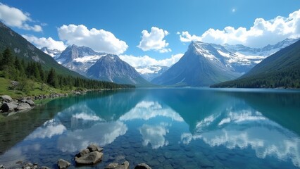 Crystal-clear Lake Reflects Snow-Capped Mountains Under a Blue Sky, a Stunning Summer Paradise for Nature Lovers