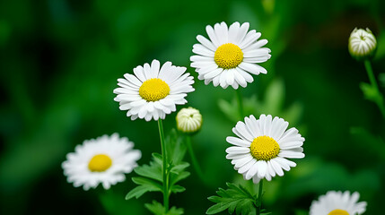 Fototapeta premium Closeup of White Daisies with Yellow Centers Against a Green Background