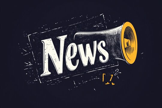 Logo, elegant style with the text "News", a megaphone, and the word written in chalk on a blackboard, solid background, vector logo for a news channel, using colors white, yellow, and grey, simple des