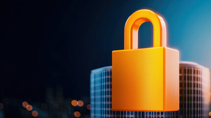 large orange padlock symbolizing security over modern business building at night