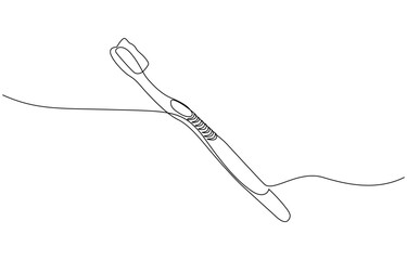 Continuous one line drawing of toothbrush and toothpaste, Toothbrush single continuous one line drawing with toothpaste. Dental care concept. Minimalist design.