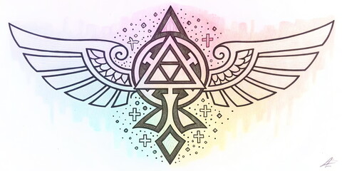 Obraz premium Symbolic winged design with geometric elements, artistic expression