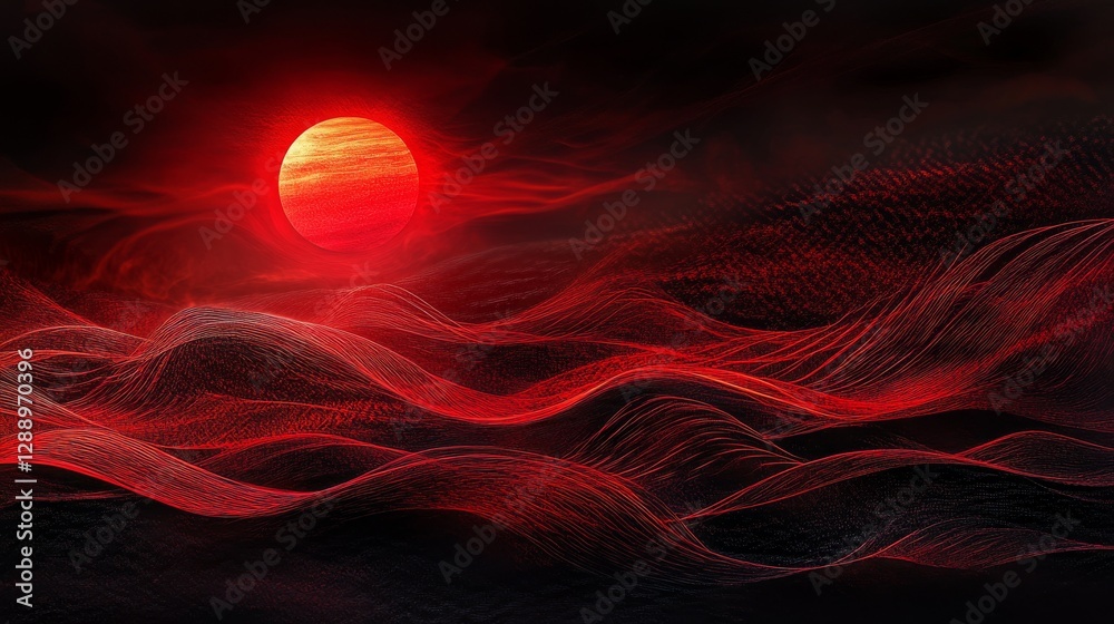 Aufkleber abstract red sun with flowing lines across a dark background, creating a dynamic and mysterious atmo