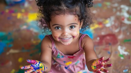 Joyful child with curly hair smiling, covered in colorful paint, creating art. Vibrant, playful scene showcasing creativity and happiness in early childhood development.