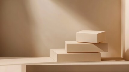 Beige staircase with soft lighting, modern minimalist architecture and design concept