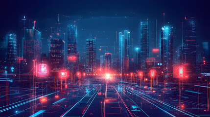 Fototapeta premium Futuristic Cyberpunk Cityscape with Neon Lights and Digital Grid in a Sci-Fi Metropolis