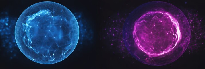 Graphic layouts for digital advertisement featuring blue and pink energy spheres