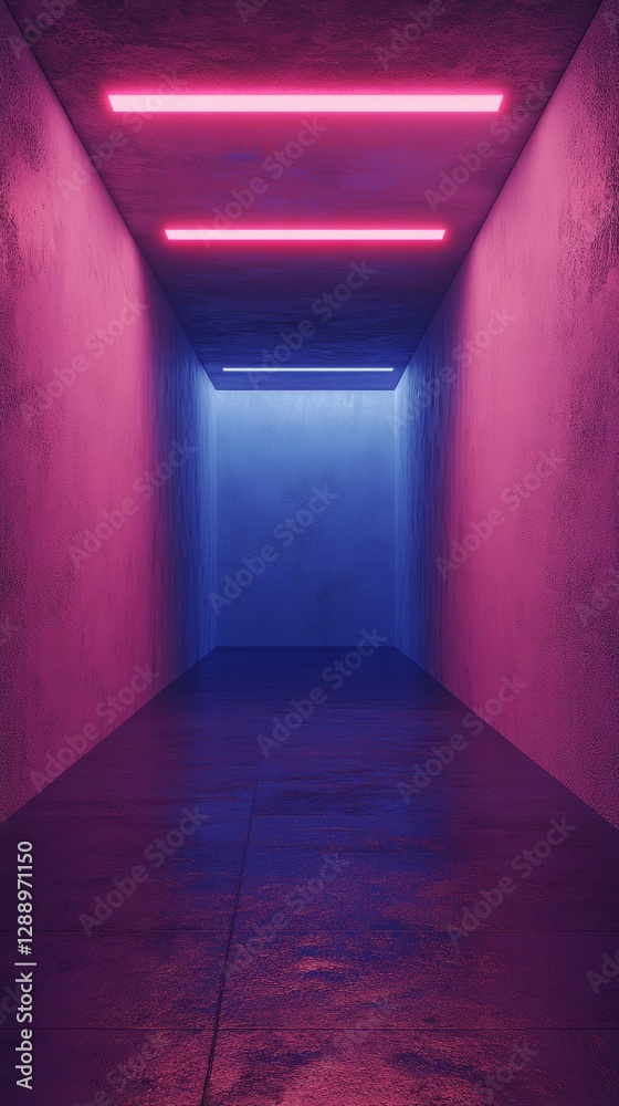 Aufkleber Futuristic corridor with neon pink and blue lights creating an abstract atmospheric glow, reflecting on textured walls. Modern minimalism and technology concept