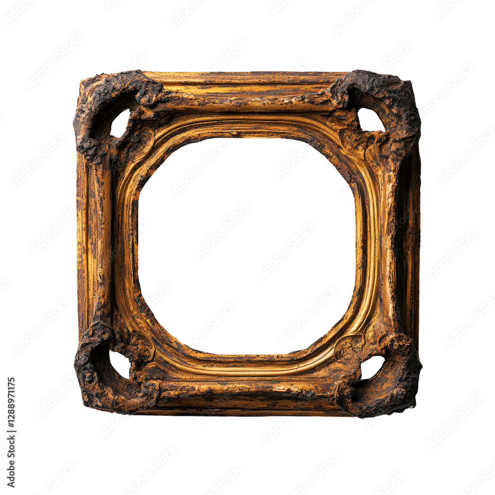 Poster gold frame with black background featuring unique abstract design element isolated on transparent ba
