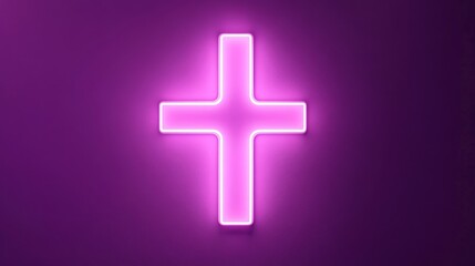 Fototapeta premium White neon glow plus sign on purple, 3D effect. 