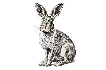 Vintage art hand-drawn hare, trendy black sketch effect, animal print illustration, old engraving style, white background.