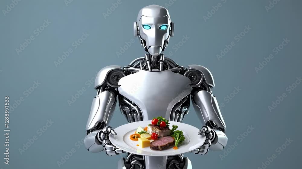 Poster metallic humanoid robot serving gourmet meal with precise robotic movements, presenting carefully pl