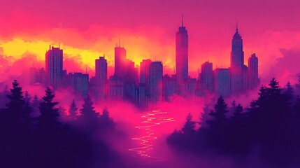 Fototapeta premium Cityscape Sunrise, Misty Forest, River