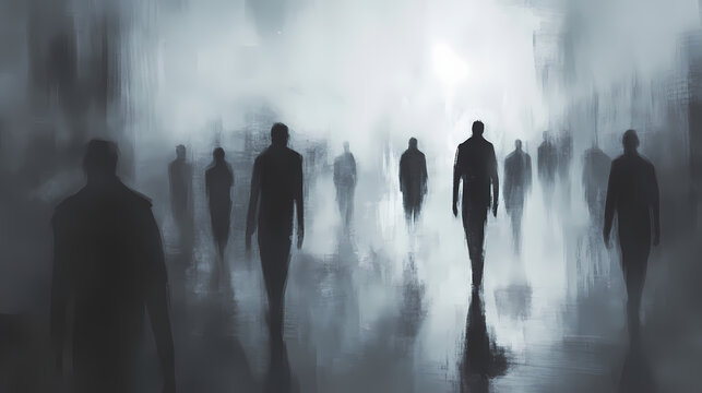 Crowd of shadowy figures walking in fog; urban anonymity concept. Shadowy Figure in Fog. Illustration