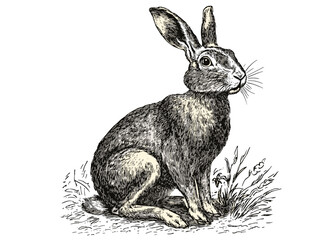 Hand-drawn hare illustration, black sketch effect, vintage art animal print, trendy old engraving style, white background.