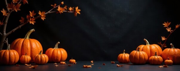 An assortment of small orange pumpkins and lanterns placed randomly within the black area, soft hues, seasonal decoration, warm lighting