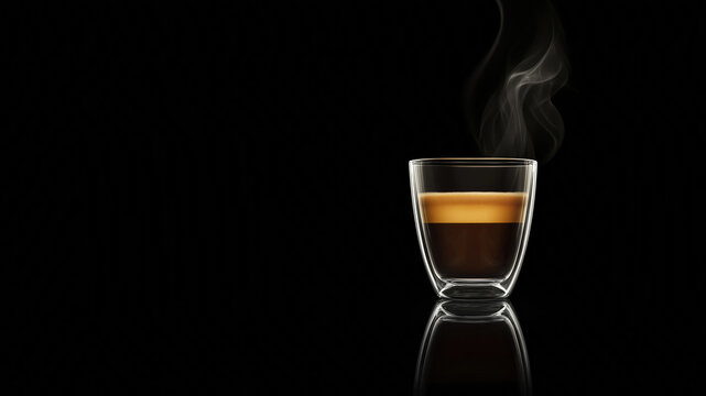 Coffee Espresso shot crema clear glass steam on black background. Create for cover, advertising copy space fot text.