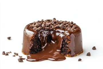 french patisserie Decadent chocolate lava cake with a gooey center, garnished with chocolate chips.