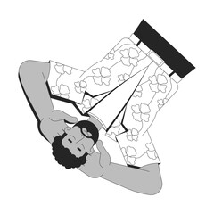 African american bearded man in floral hawaiian shirt relaxing black and white 2D line character. Resort wear black guy laid back isolated vector outline person. Monochromatic spot illustration