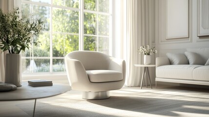 A contemporary living room showcases a comfortable armchair beside a large window