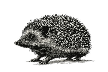Old engraving style hedgehog illustration, black sketch effect, animal print, vintage art, trendy design, white background